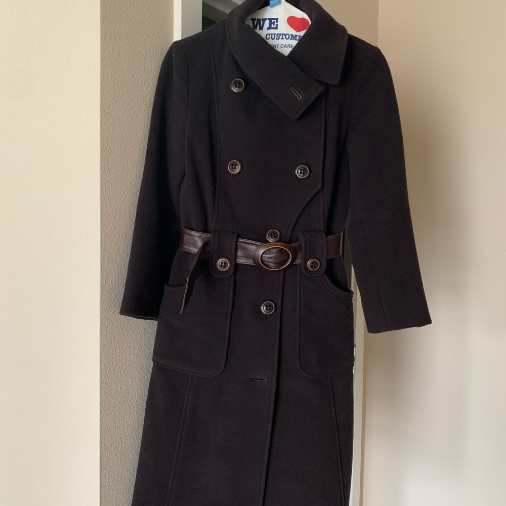 Mackage Dark Brown Double-Breasted Wool Trench Coat with Leather Belt